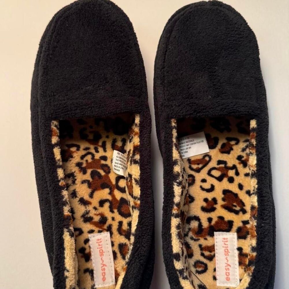 Easy Spirit Womens Black Leopard Print Slippers Size XL
